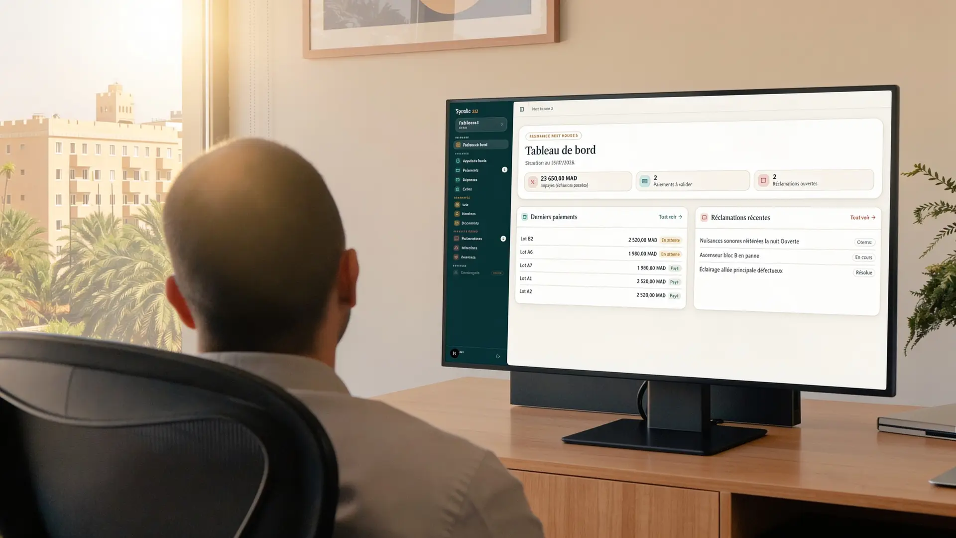 Un syndic devant sa console, la résidence visible par la fenêtre
