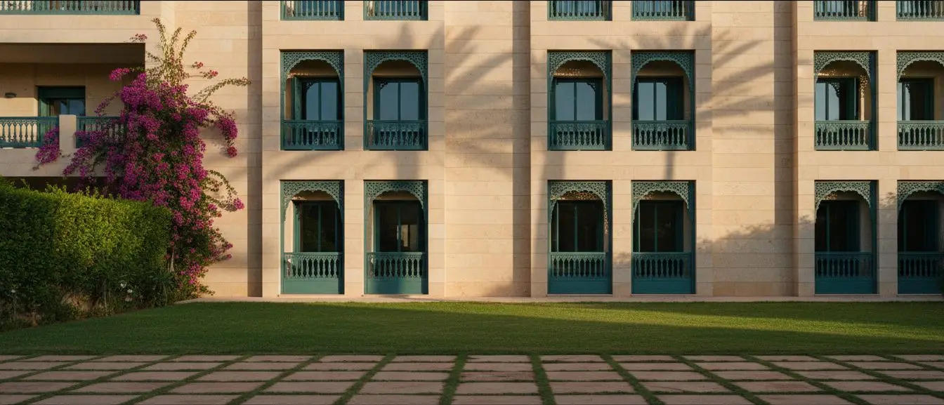 La façade à balcons d’une résidence marocaine, en fin de journée