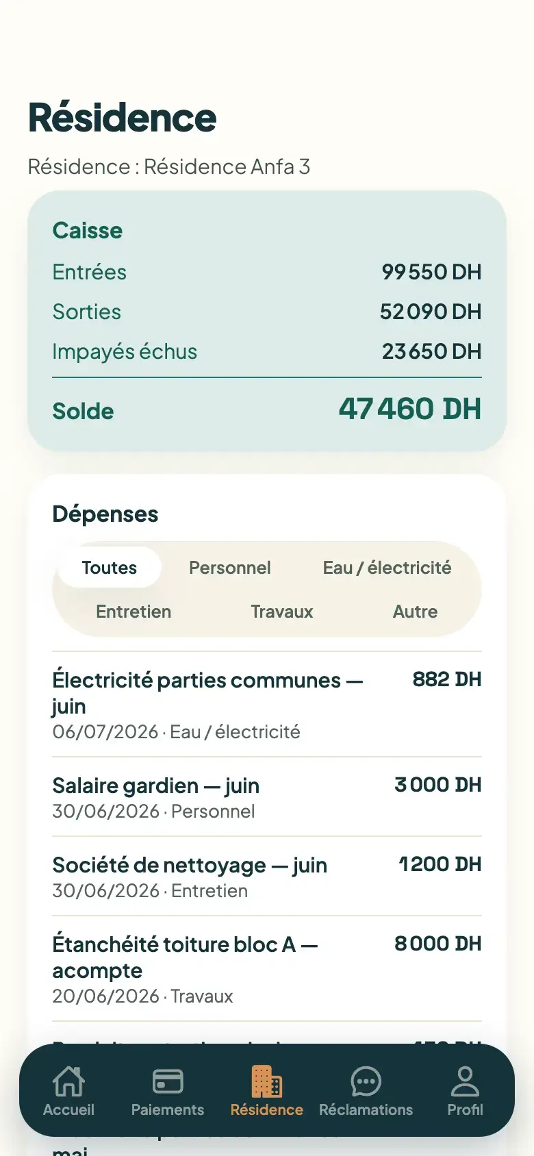 Interface mobile Syndic 212 — Où va l’argent de la résidence.